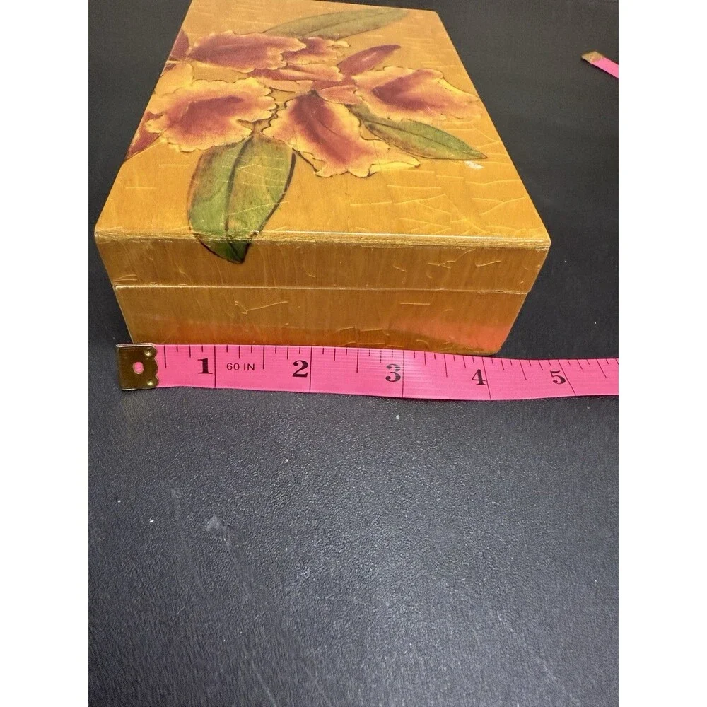 Vintage Trinket Box Floral Light Wood Green Interior Keepsakes Jewelry